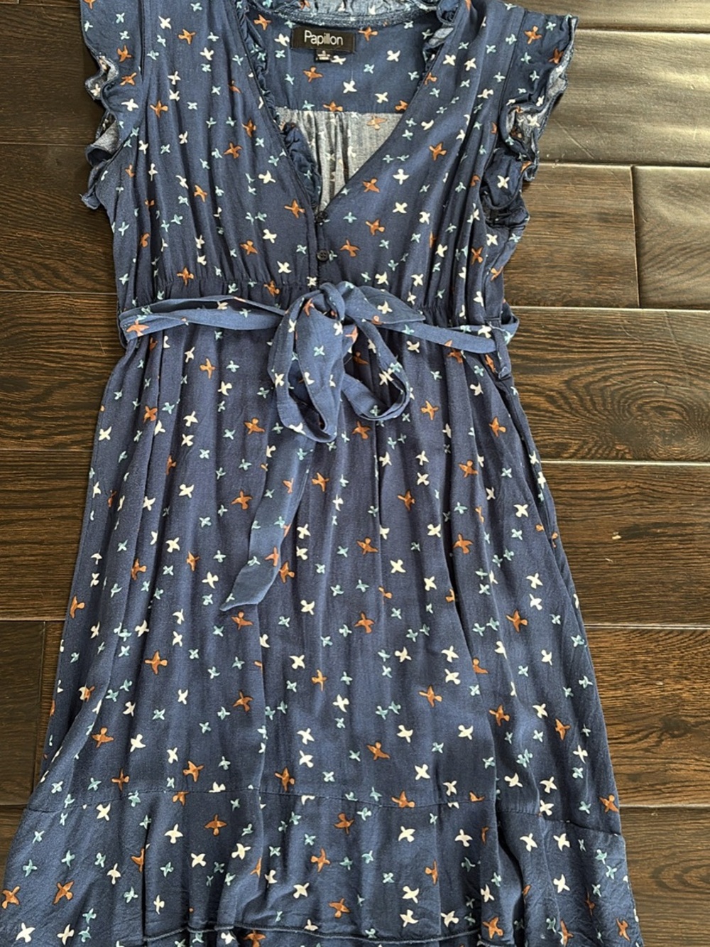 Papillon Blanc Navy Floral Tie-Front Midi Dress with Rust & White Accents
